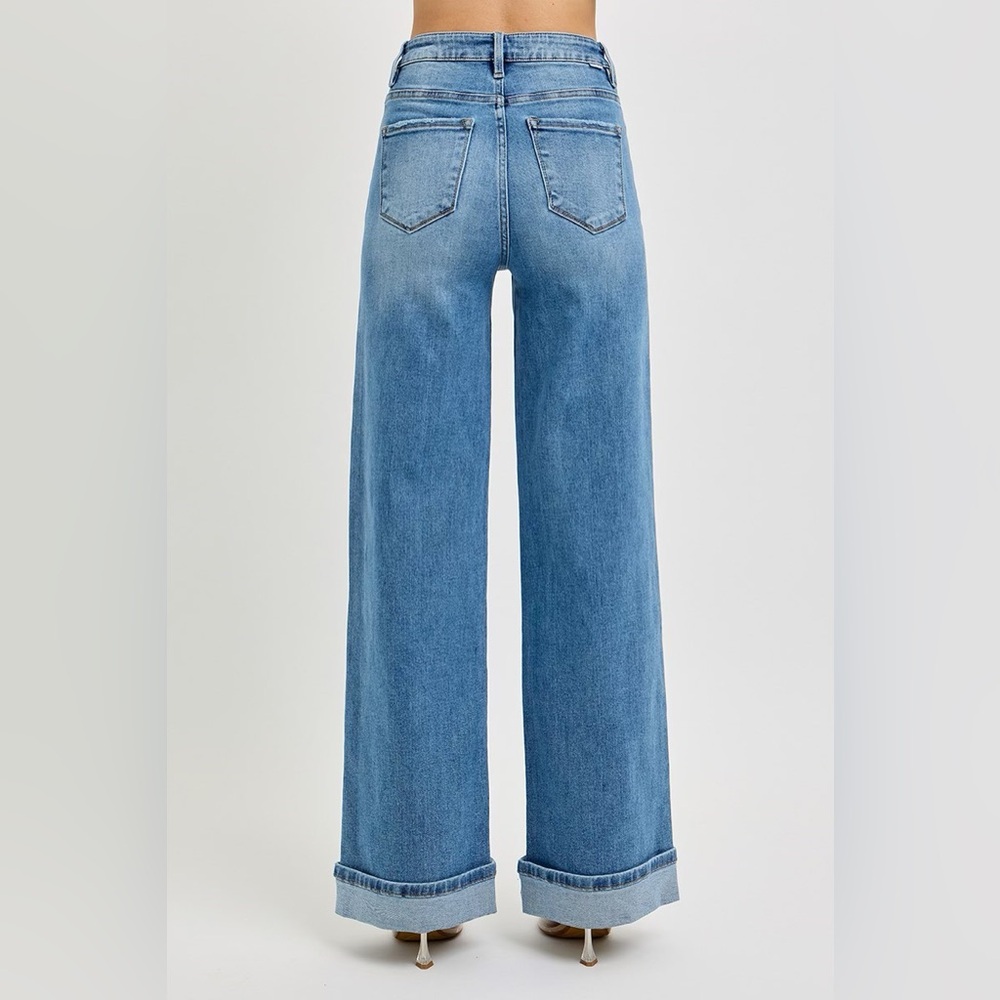 OD68- MEDIUM PLUS Risen Tummy Control High Rise Wide Cuffed Jeans - Picture 2 of 3